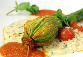 Gefüllte Zucchiniblüten auf Kräuterrisotto mit Tomatensauce Gefüllte Zucchiniblüten auf Kräuterrisotto mit Tomatensauce