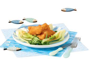 Gebratener Pak Choi mit selbstgemachten Fischstäbchen Gebratener Pak Choi mit selbstgemachten Fischstäbchen