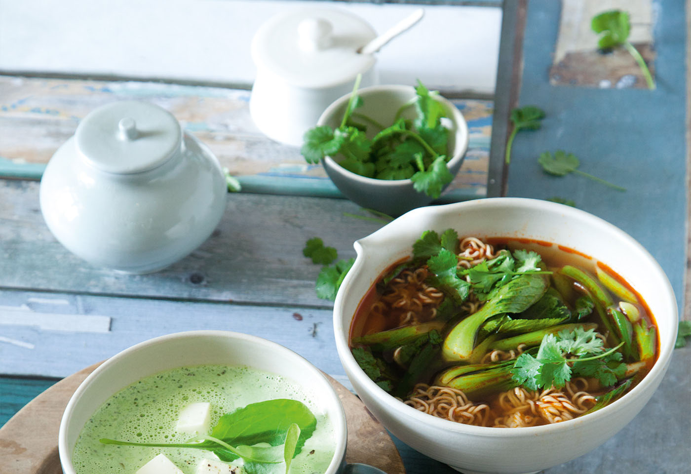 Scharfe Suppe mit Chinesischen Eiernudeln, Pak Choi und Koriander ...