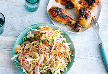 Hühnerkeulen mit Marinaden-Injektion, BBQ-Sauce und Cole Slaw Salat Foto: © Thorsten Suedfels