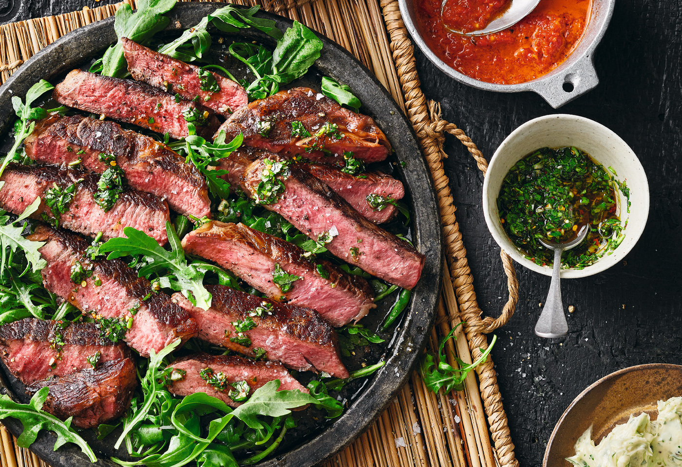 RibEyeSteakStreifen mit Chimichurri und Salsa Roja Frisch Gekocht