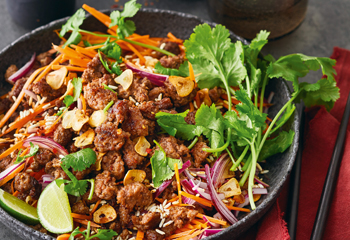 Larb - Asiatischer Salat mit Faschiertem, Gemüse und geröstetem Reis Foto: © Janne Peters