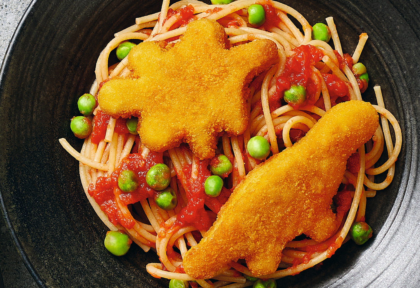 Iglo Green Cuisine Dino Nuggets mit Tomaten-Erbsen-Spaghetti | Frisch ...